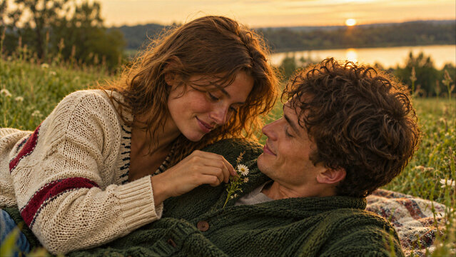 Romantic Young Couple in Knit Sweaters Lying Together on Meadow Grass at Golden Hour Sunset, Woman Holding Wildflower