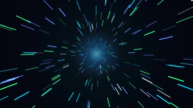 Abstract background with glowing neon light streaks in hyperspace