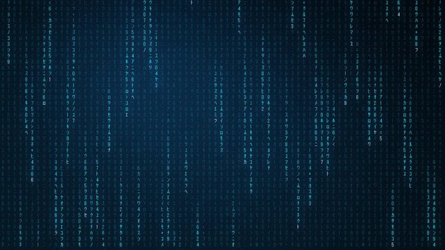 Seamless loop navy blue and cyan digital code rain animated background