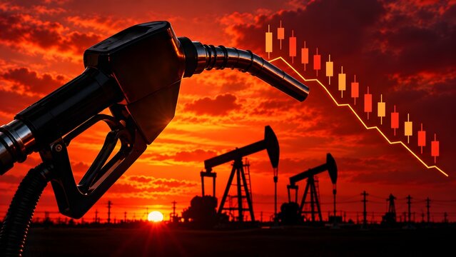 Silhouette of fuel nozzle and oil pump jacks with a downward financial chart indicating falling prices