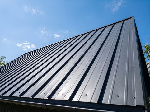 Modern dark grey metal roof with trapezoidal panels against a clear