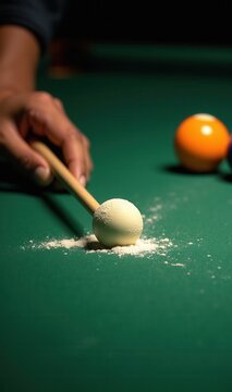 Hand with a cue and a chalky cue ball on green felt. Concept of pool hall websites, sports bar menus, precision marketing ads, coaching blogs, and billiards equipment shop websites.