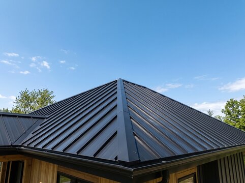 Modern black metal roof on a residential house exterior under a clear