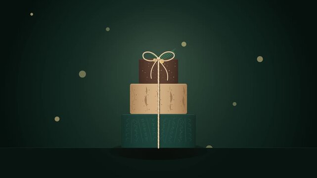 Stacked gift boxes with ribbon bow on dark green background, for holiday celebration, present des