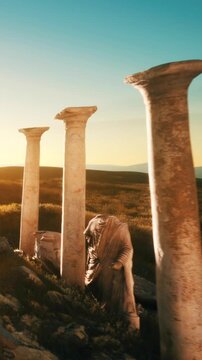 Four stone columns stand under a vivid sky at sunset. A figure dressed in a long garment walks among the ruins. The landscape is open and natural, situated in a hilly area.
