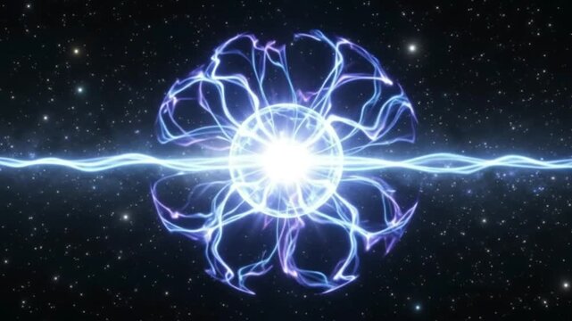 Plasma energy sphere pulsing with electric arcs in deep space in a cinematic macro perspective for science fiction media production