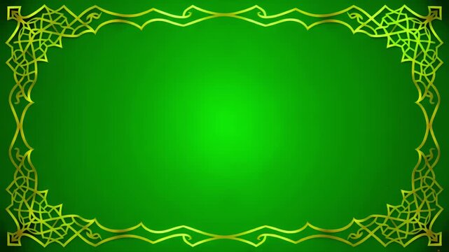 Elegant golden ornate frame on a vibrant green background with subtle sparkling particles. Perfect for festive, celebratory, and formal occasions, adding luxury.