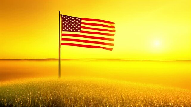 The American flag waves majestically on a hill during a stunning golden sunrise with a misty landscape.