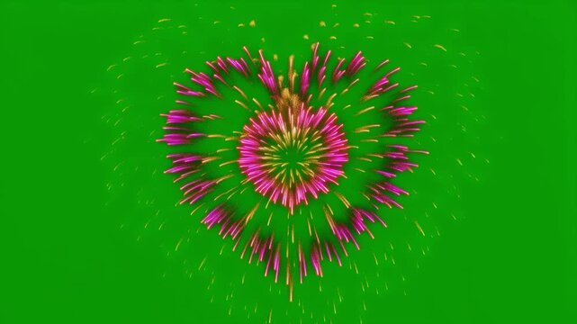 Vibrant heart-shaped fireworks burst on a green screen, perfect for romantic celebrations and special occasions.