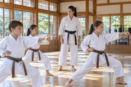 Focused young children practicing karate stances with professional female instructor in traditional wooden dojo with natural light, martial arts training concept