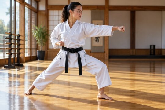Determined young martial artist woman wearing white gi and black belt practicing karate punch stance in traditional wooden dojo with natural window light