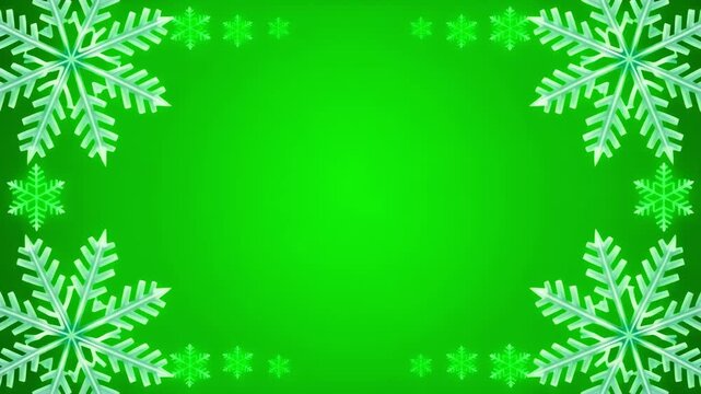 A festive animation featuring white snowflakes expanding to form a decorative frame on a bright green backdrop.