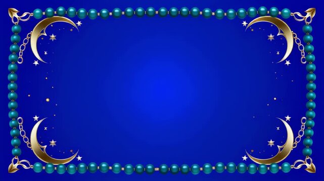 A luxurious blue background features a decorative frame of blue beads, golden crescent moons, and sparkling stars. Ideal for festive, religious, or elegant event backdrops.