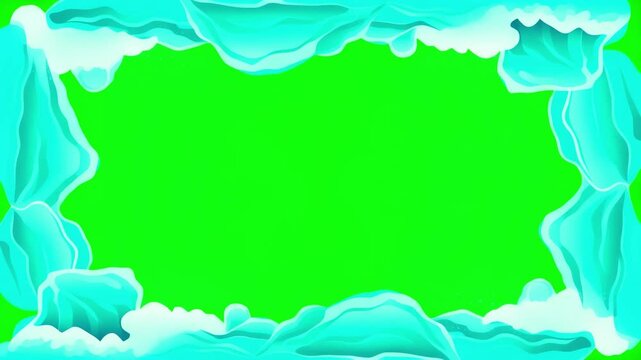 A vibrant animated frame featuring abstract blue water-like shapes and a green screen center. Ideal for overlays.