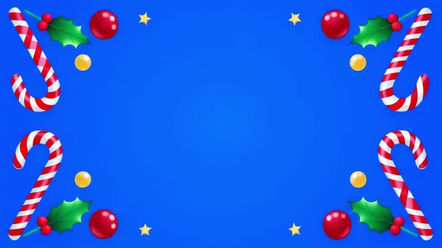 An animated Christmas background featuring candy canes, holly, and ornaments on a blue backdrop. Ideal for seasonal greetings.