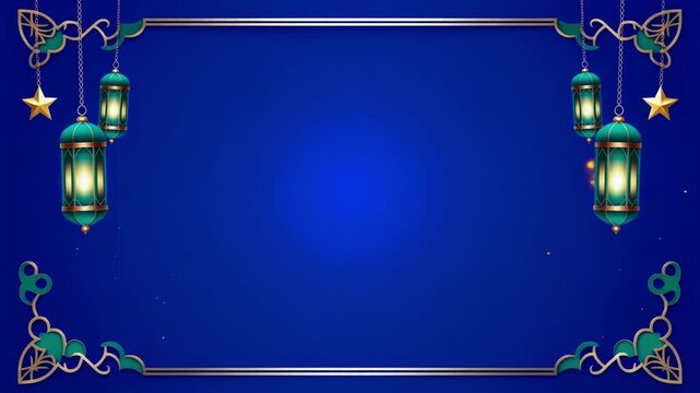 An elegant blue background with a golden frame, glowing lanterns, and stars, ideal for Islamic celebrations and festive events.