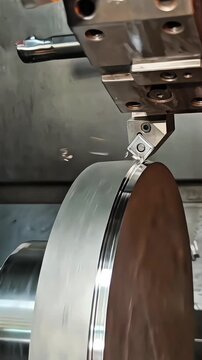 Lathe cutting metal disc with steel tool machining workshop