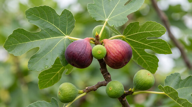 Ripe purple and green figs growing on a tree branch