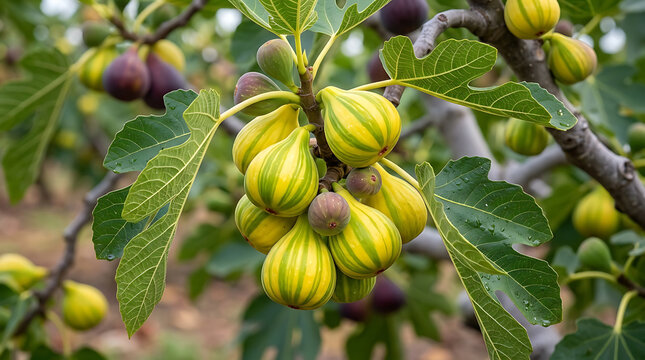 Fresh striped yellow figs growing on a tree in the garden