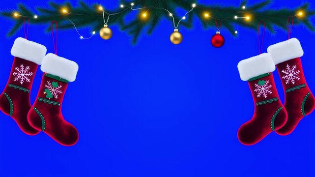 Animated Christmas stockings and decorated tree branches with lights on blue screen for holiday projects.