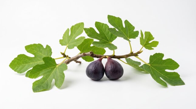 Two purple figs hanging on a branch with green leaves