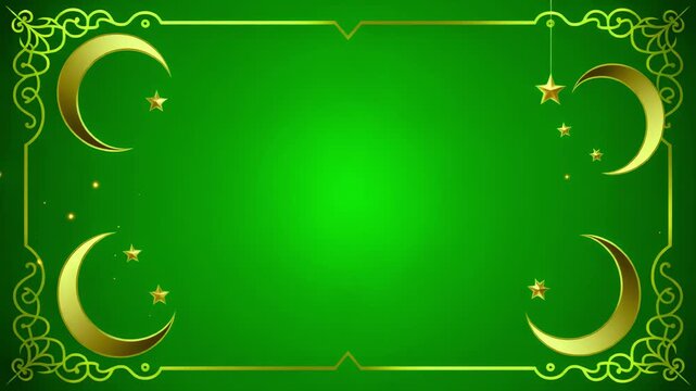 Animated green background featuring golden crescent moons, stars, and an ornate frame. Ideal for Ramadan, Eid, and other Islamic celebrations, creating a festive and elegant atmosphere.