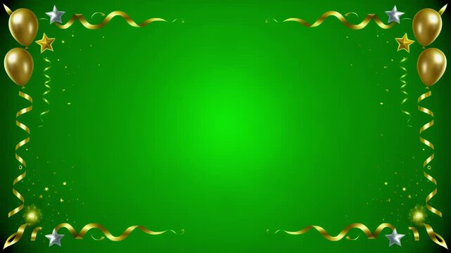 Animated green screen background featuring a festive golden frame with balloons, stars, ribbons, and sparkling confetti.