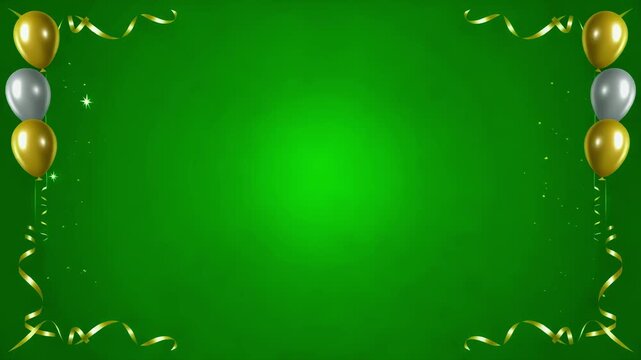 Animated green screen background featuring elegant golden and silver balloons with flowing ribbons and sparkling particles, perfect for celebrations and events.