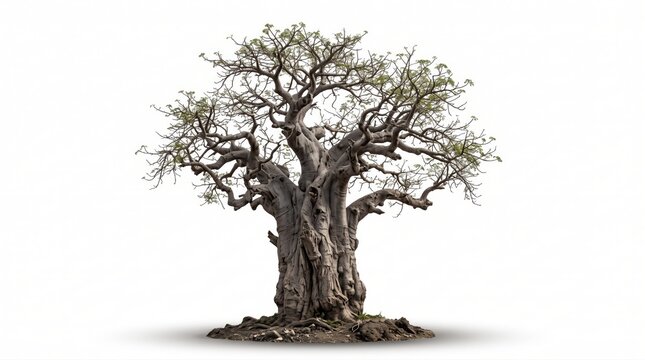 baobab tree with thick trunk and bare branches in a simple graphic style