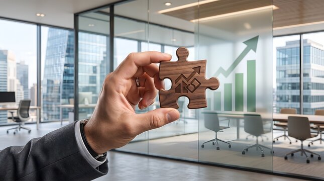 Hand holding wooden puzzle piece with upward graph icon against glass wall showing rising financial chart