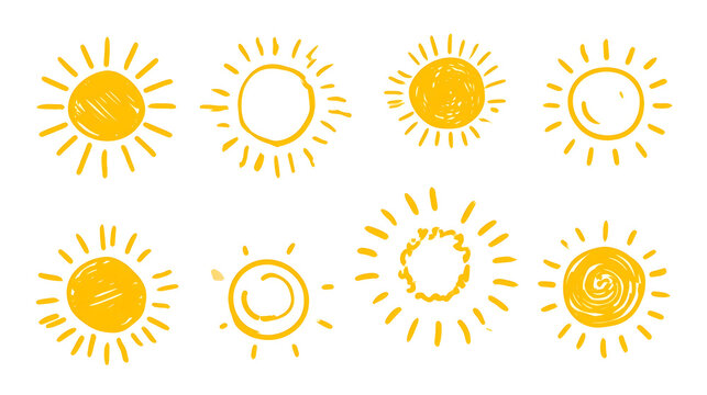 Set of bright yellow minimal hand-drawn different sun on white background, drawing, simple cute vector illustration hand-drawn in doodle flat style Stock Vector