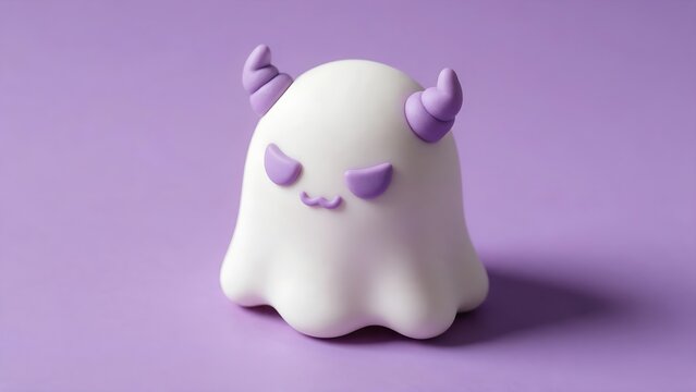 Kawaii ghost character with purple horns, 3D rendered spooky clay monster, minimalist Halloween toy figure on lavender background