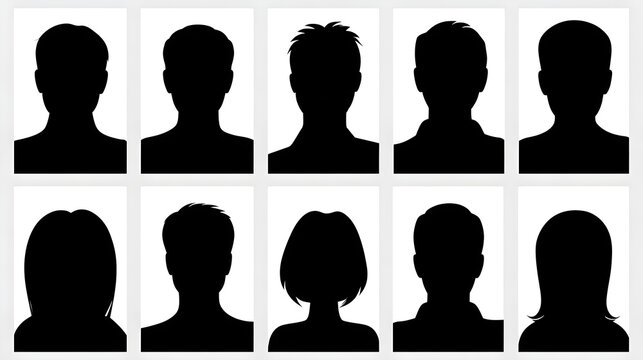 Set of ten monochrome avatar placeholders in a grid layout | Diverse people profile silhouettes for social media and web | Flat vector male and female icons Stock Vector