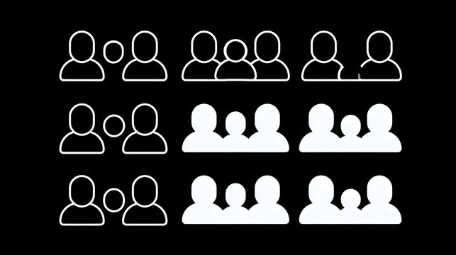 Set of user profile and group icons in outline and solid fill styles, representing single individuals and multiple people for digital interfaces and applications. Stock Vector