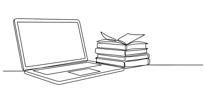 Continuous line drawing of laptop computer with stack of books for online education learning and remote work banner.