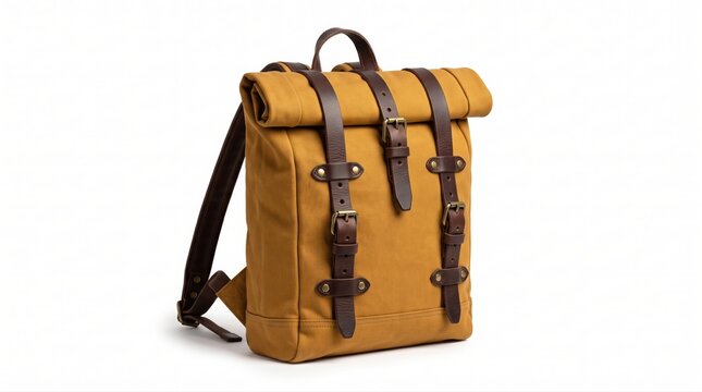 Vintage yellow canvas backpack with brown leather straps and metal buckles for travel