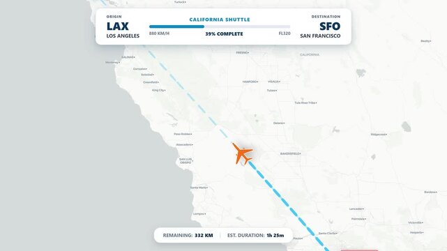 Flight Route Map Los Angeles to San Francisco with Airplane and Telemetry HUD 4K Animation