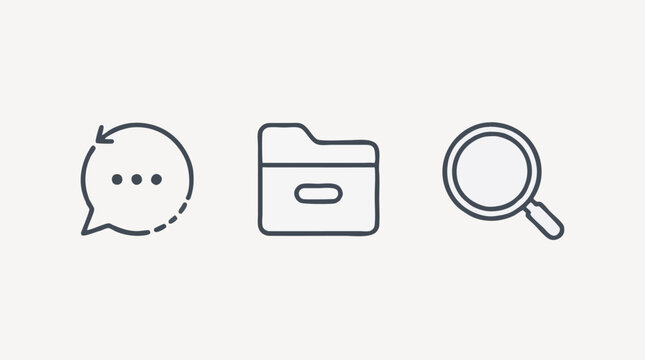 Three dark slate line icons of a chat bubble with a circular history arrow, a filing folder with a pill-shaped tab and a magnifying glass on off-white, minimalist art about archive and search