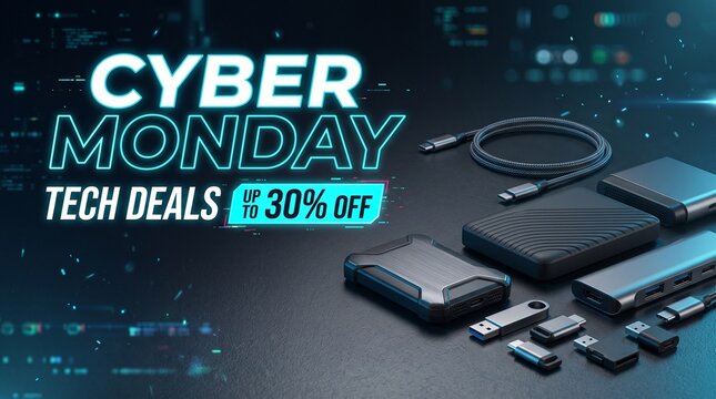 Cyber monday tech deals banner with electronic storage devices and