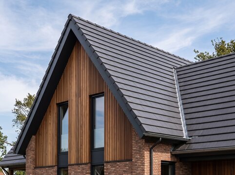 Modern house exterior with dark tiled roof and wooden facade cladding
