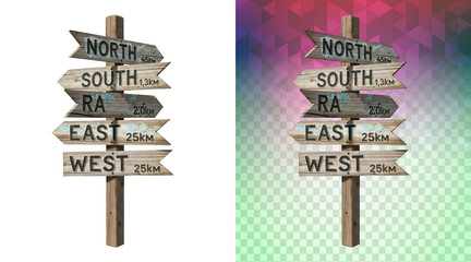 Wooden directional signpost with distances to north south east and west on transparent © Dd