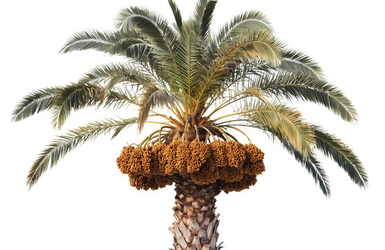 Tall date palm tree with clusters of brown fruits isolated as PNG