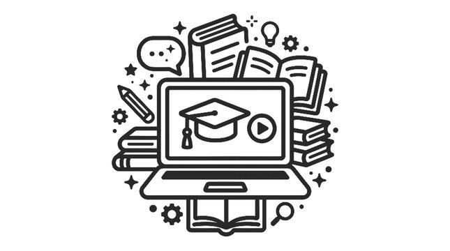 Online Education Concept Vector Illustration Featuring Laptop Graduation Cap Books and Learning Icons