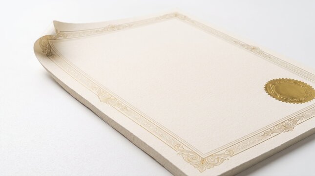 Blank certificate with golden decorative border and shiny gold seal for formal document