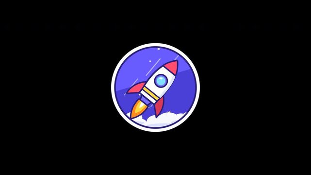 Stylized flat illustration of a rocket ship launching into space inside a circular badge icon.