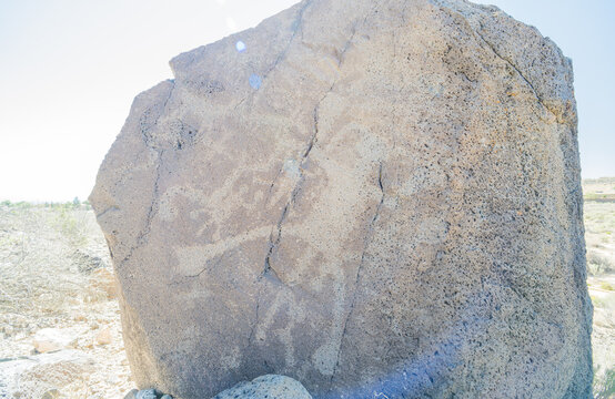 Weathered Volcanic Boulder with Faint Petroglyphs in Desert