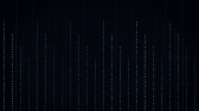 Digital data stream animation featuring glowing cyan matrix code and binary elements on a dark background