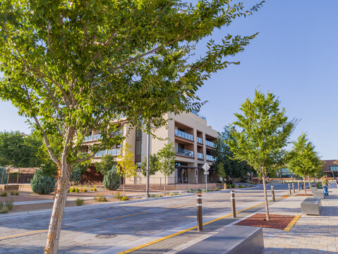 Modern beige apartment building with glass balconies and street trees