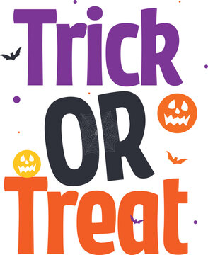 Halloween trick or treat text with purple orange black letters spider webs bats and jack o lanterns isolated on transparent background