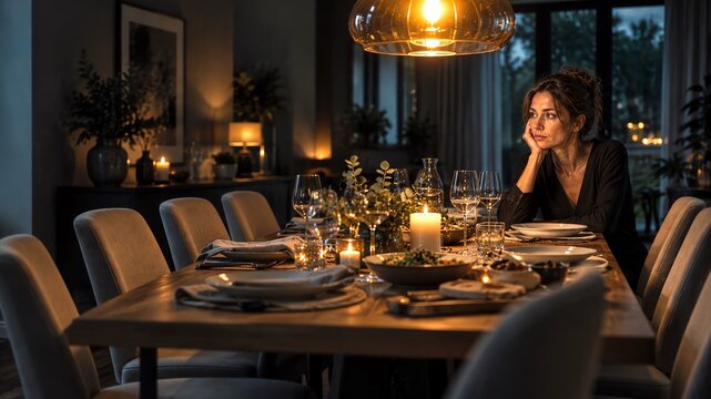 Woman sitting alone at a long dinner table set for guests, symbolising loneliness, emotional disconnection and unmet expectations of social connection.